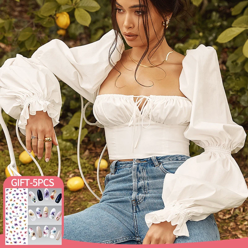 

Elegant French Top Women's Blouse Summer Autumn Fashion Romantic Floral Puff Sleeve Square Collar Blouses Women Chiffon Shirts