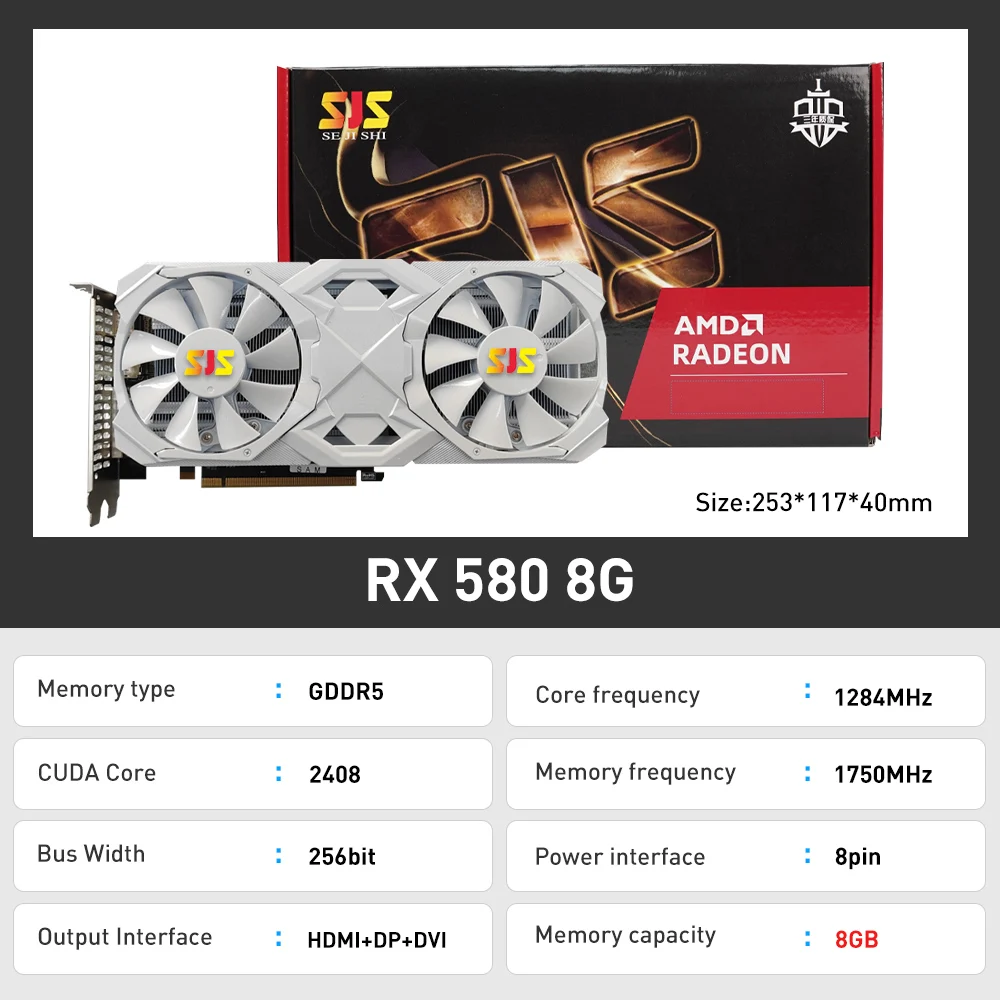 SJS RX 580 8G 256Bit 2048SP GDDR5 AMD GPU Graphics Cards RX580 White Video Card Radeon 8GB Mining Gaming Card placa de video images - 6