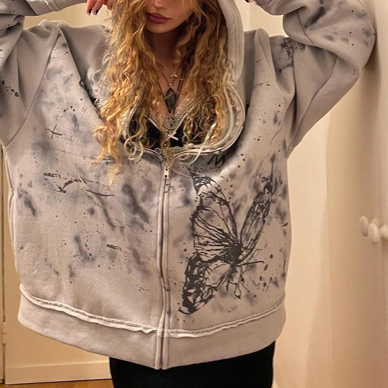 

Spring Fashion Loose Gothic Print Letters Butterfly Long Sleeve Women Casual Zip-up Hoodies Outwear Girl Hooded Sweatshirts