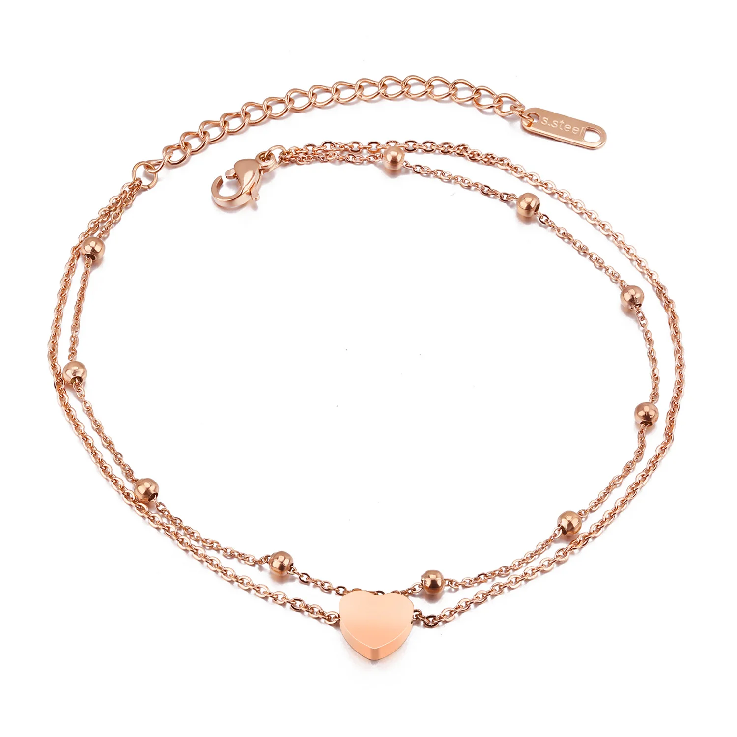 

Titanium Steel Bracelet for Girls, Anklet, Dual Use, Rose-plated Gold Heart, Double Design for Girls