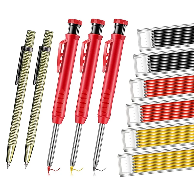 

3 PCS Solid Carpenter Pencils 2 PCS Tungsten Carbide Tip Scriber With 3 Colors /36 Pcs Refills For Architects Carpenters