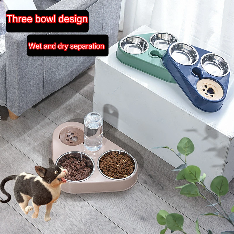 

500 мл семейная миска с бутылкой для воды для собак, автоматическая Питьевая семейная миска для еды, двойная 3 миски из нержавеющей стали для домашних животных