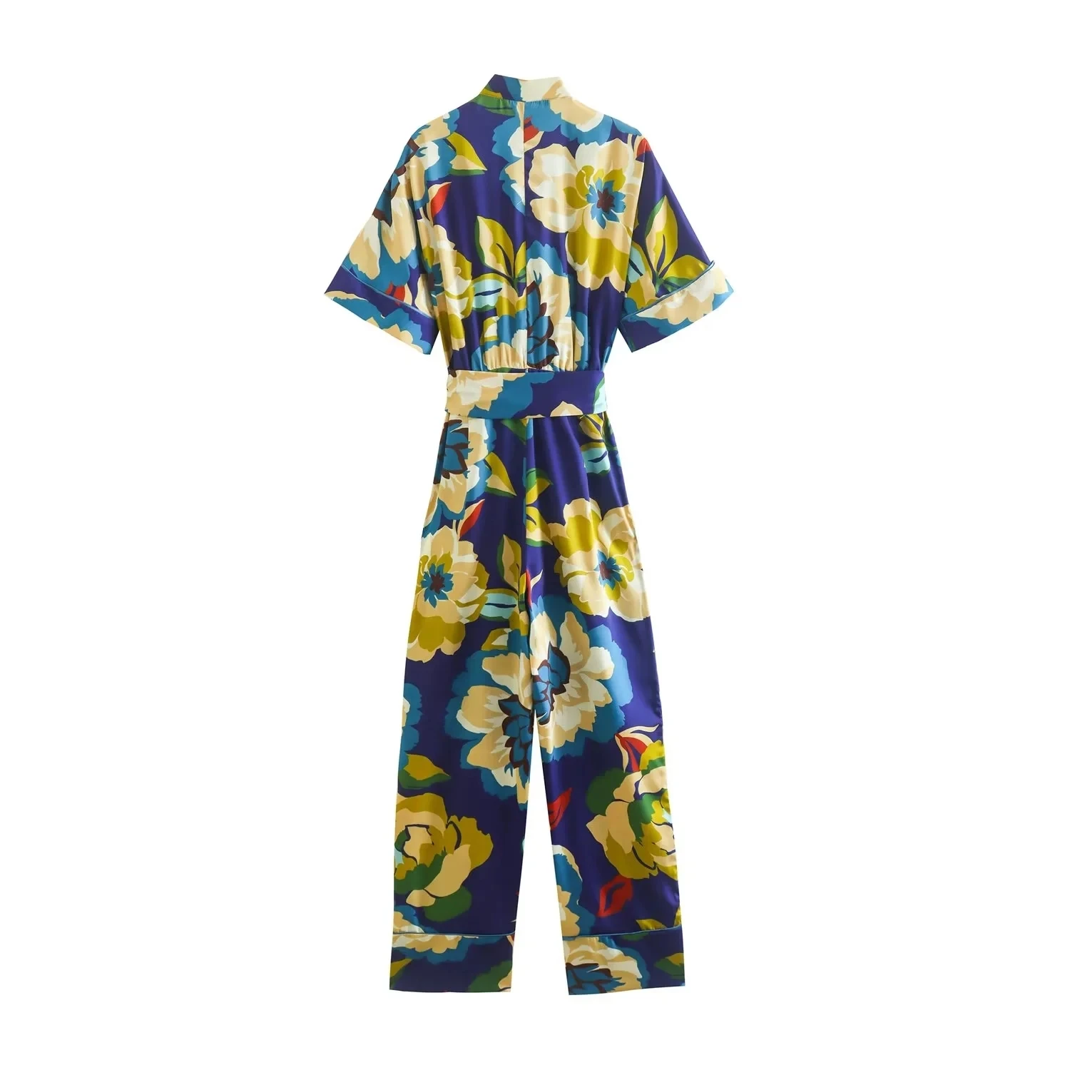 Jenny&Dave Indie Folk Tropical Print Notched Loose Jumpsuits Women Casual Floral Dungaree