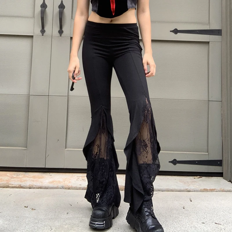 

Black Lace Ruffles High Waist Pants Women Casual Summer Dark Academia Gothic Skinny Y2K Trousers Ladies Harajuku 90s Sweatpants