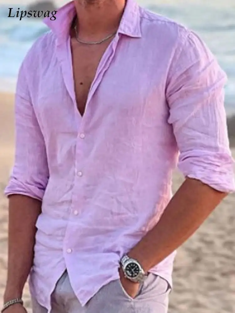 

Spring Casual Long Sleeve Solid Men Shirts Buttoned Turn-down Collar Cardigan Tops Mens Vintage Loose Shirt Fashion Streetwear