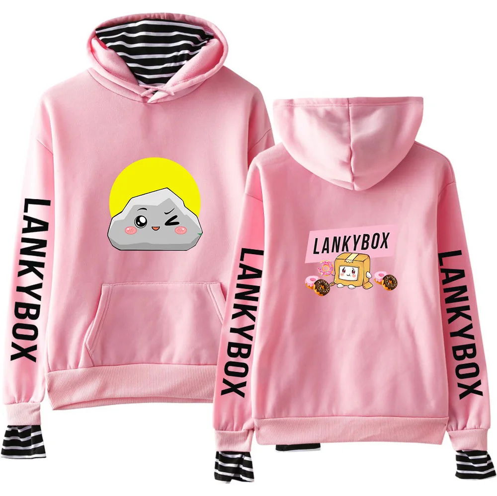 

Anime Lanky Box Lankybox Stripe Patchwork Fake Two Piece Girl Hooded Sweatshirts Harajuku Women Hip Hop Hoodies Funny Clothes
