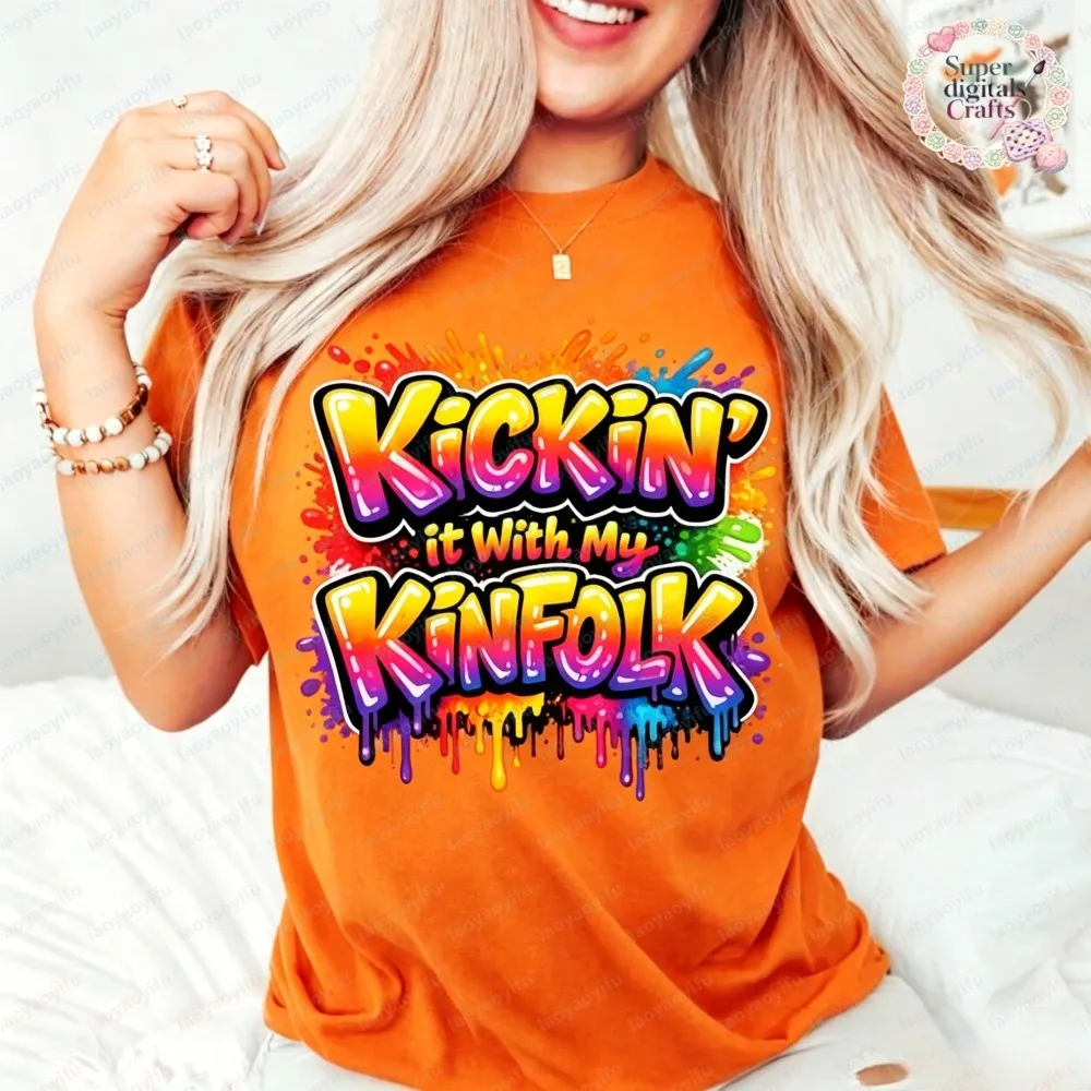 Фото Женская модная летняя футболка с коротким рукавом в стиле граффити Kickin It With My Kinfolk, красочная уличная одежда, повседневные топы №5