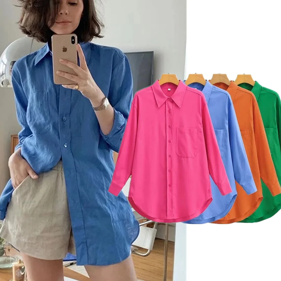 

Maxdutti Ins Fashion Blogger Blouse Casual Shirt Tops Multicolor Solid Pockets Loose Blouse Women