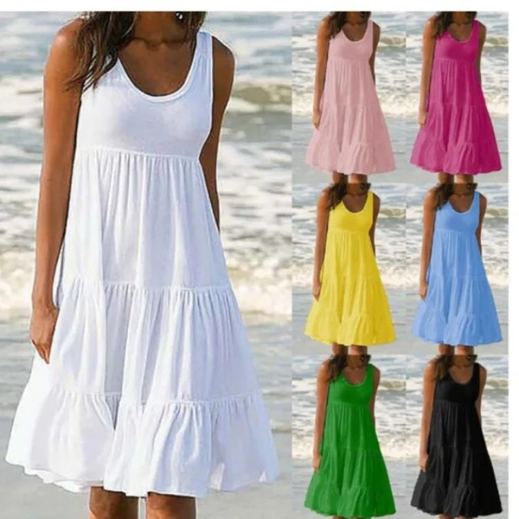 

Casual Dresses Women 2022 Fashion Summer Sexy Sleeveless Round Neck Stitching Large Swing Beach Office White Dresses Lady