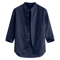 pure linen striped shirt long sleeve casual and comfortable blue workwear for men 2020 new summer button stand collar cotton