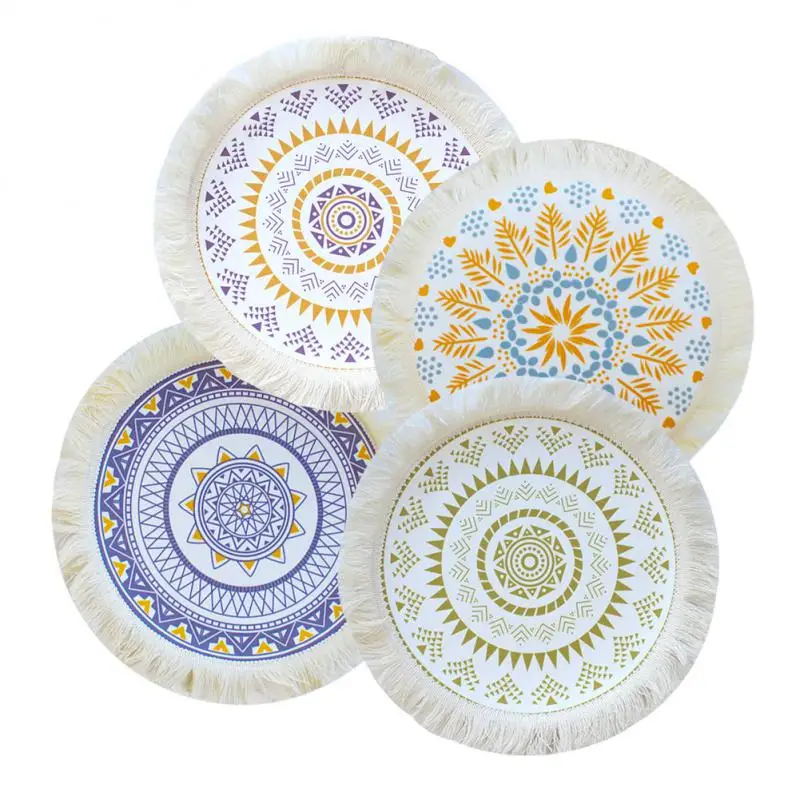 

Non-slip Bohemian Mandala Woven Placemat Hand-woven Cup Cushion Elegant Table Padding Kitchen Decoration Woven Linen Placemat