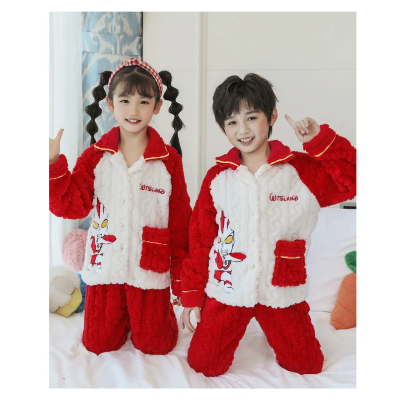 Ультрамен Супермен осенне-зимние утепленные детские пижамы из кораллового флиса