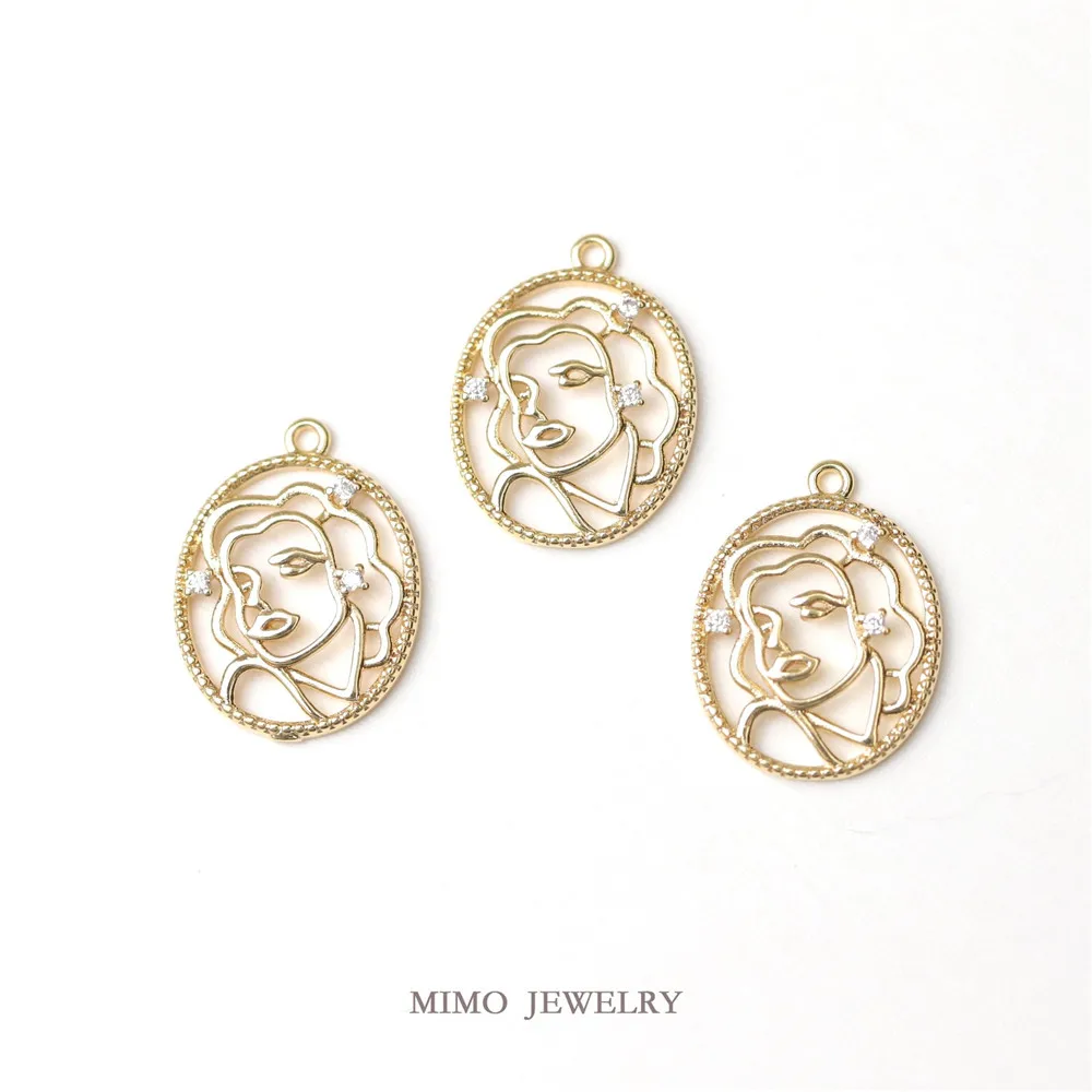 

MIMO JEWELRY Copper plated gold micro inlaid zircon hollowed out retro beauty head pendant DIY jewelry accessories