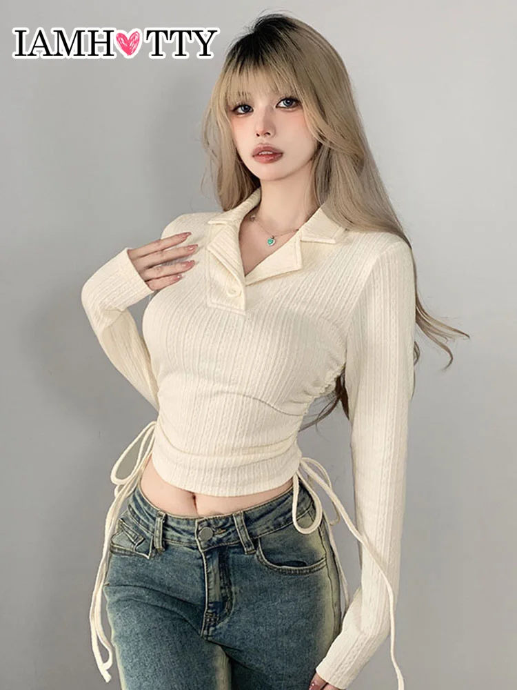 

Повседневный укороченный топ IAMHOTTY в Корейском стиле с боковыми рюшами, на шнуровке, бежевые Нежные милые вязаные топы для зрелых, универсал...