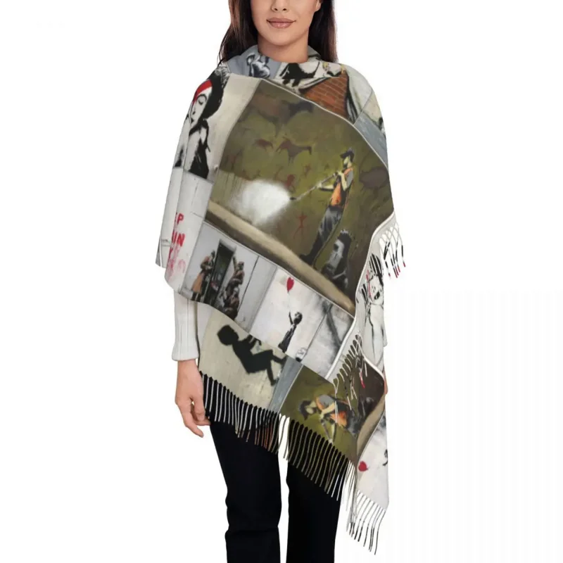 

Banksy Graffiti Merchandise Scarf Wrap Women Long Winter Fall Warm Tassel Shawl Unisex Street Pop Art Scarves