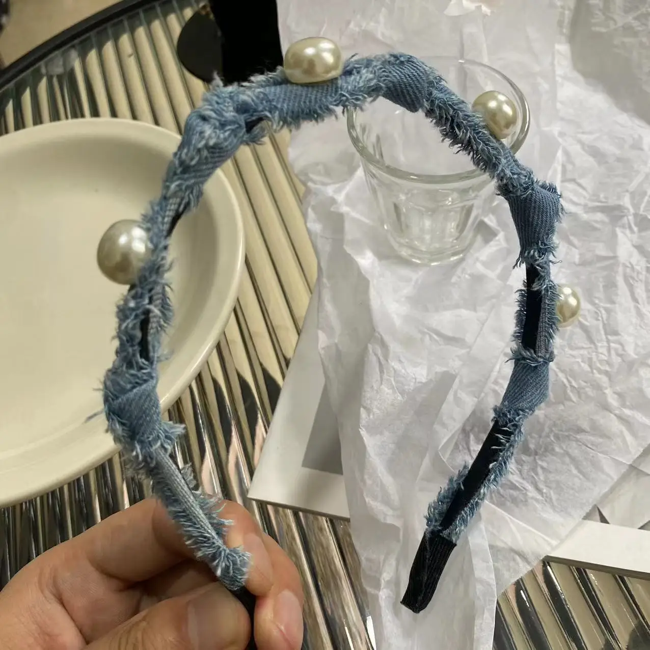 

New Fashion Denim Hairband Headbands With Imitation Pearls Hair Accessories for Girls and Women Knotted Headwear