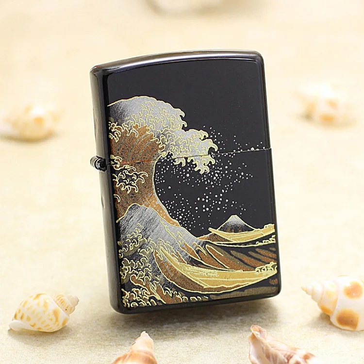 

Genuine Zippo oil lighter Gold drawing Wave flower copper windproof cigarette Kerosene lighters Gift anti-counterfeiting code
