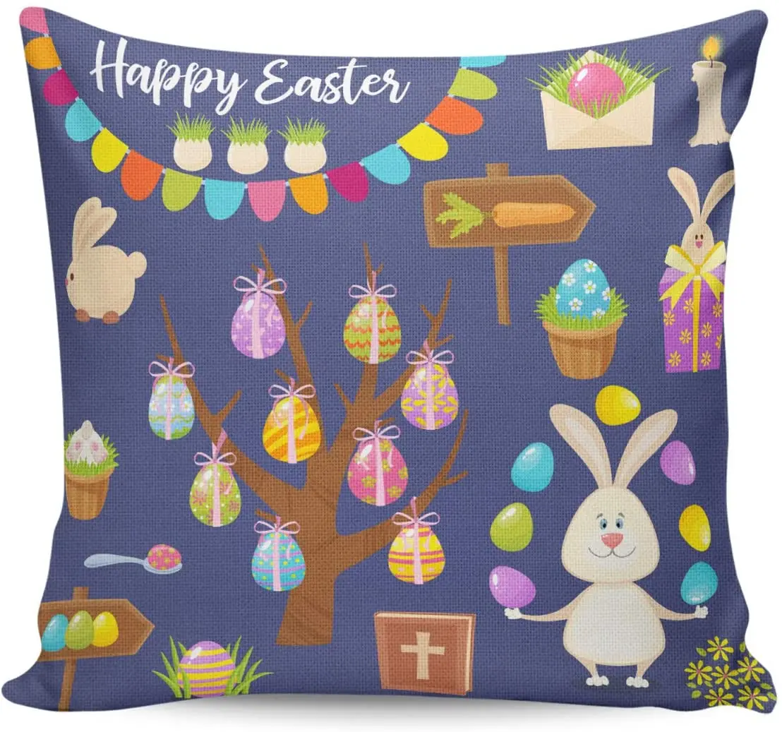 

Throw Pillow Case Happy Easter Cute Rabbit Cotton Linen Square Cushion Cover Pillowcases for Home Decorative Living Room