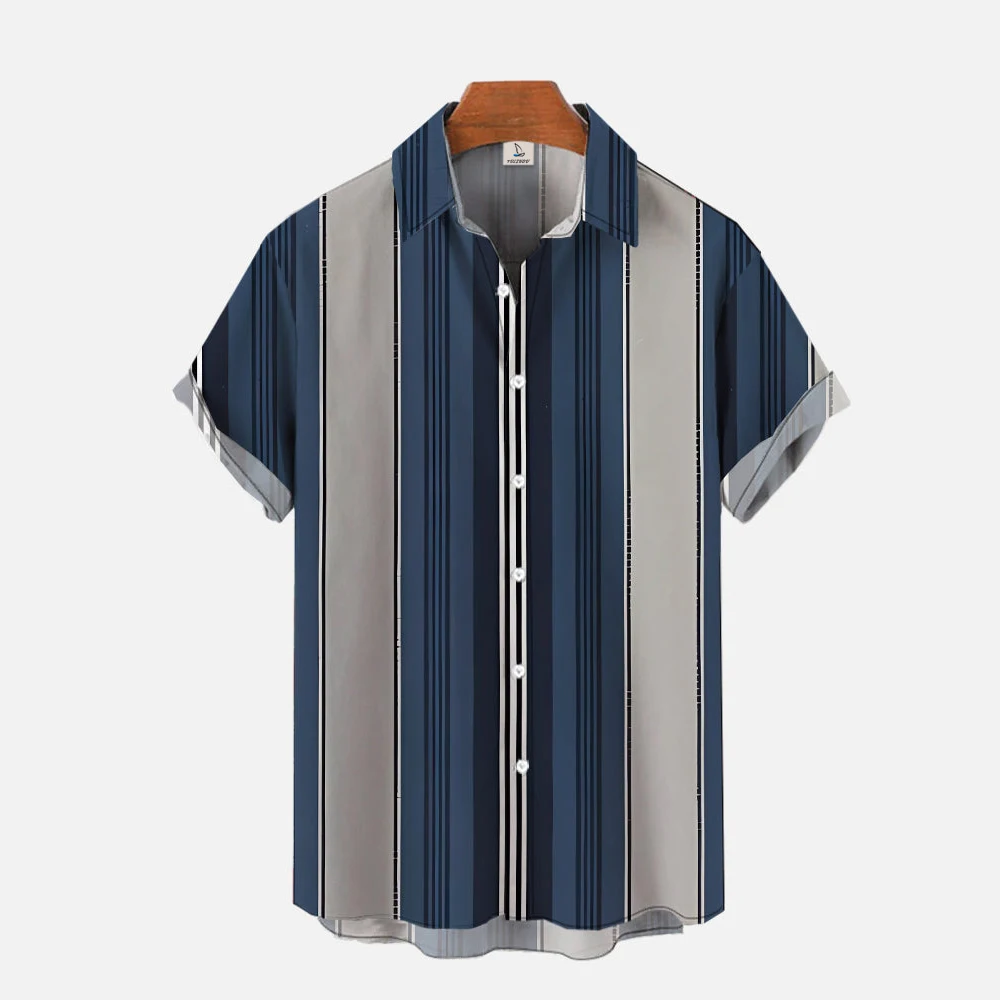 

Boutique Retro Style Striped Stitching 3D Printed Men's Short Sleeve Shirt High-end Mid-ancient Style Summer Casual Men's Top