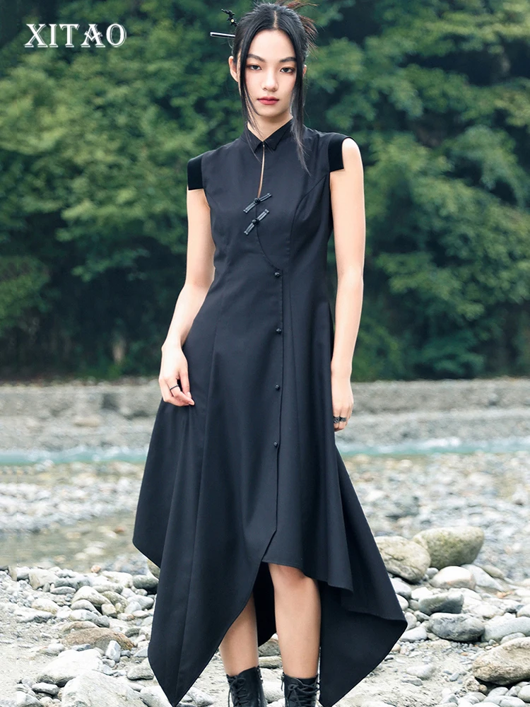 

XITAO/черное асимметричное платье без рукавов; Свободное модное винтажное платье в китайском стиле с воротником-стойкой; Новое летнее платье; DMJ1471