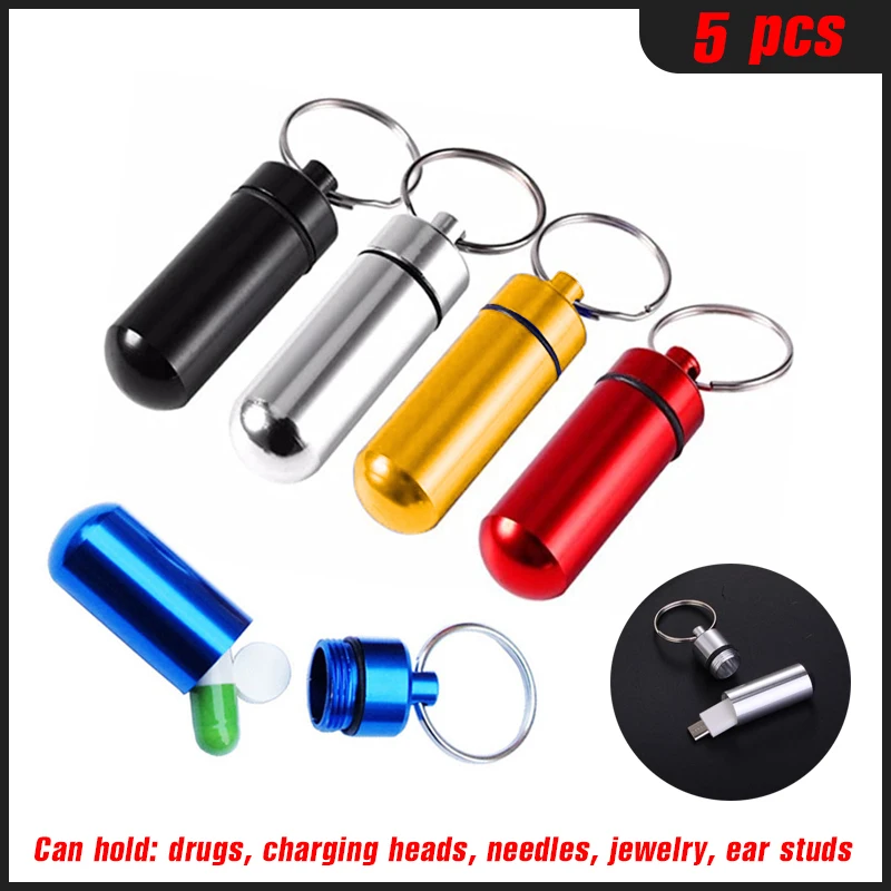 5pcs High Quality Mini Keychain Backpack Hanging Pendant Waterproof Aluminum Pill Box Portable Drug Holder Container Case Bottle