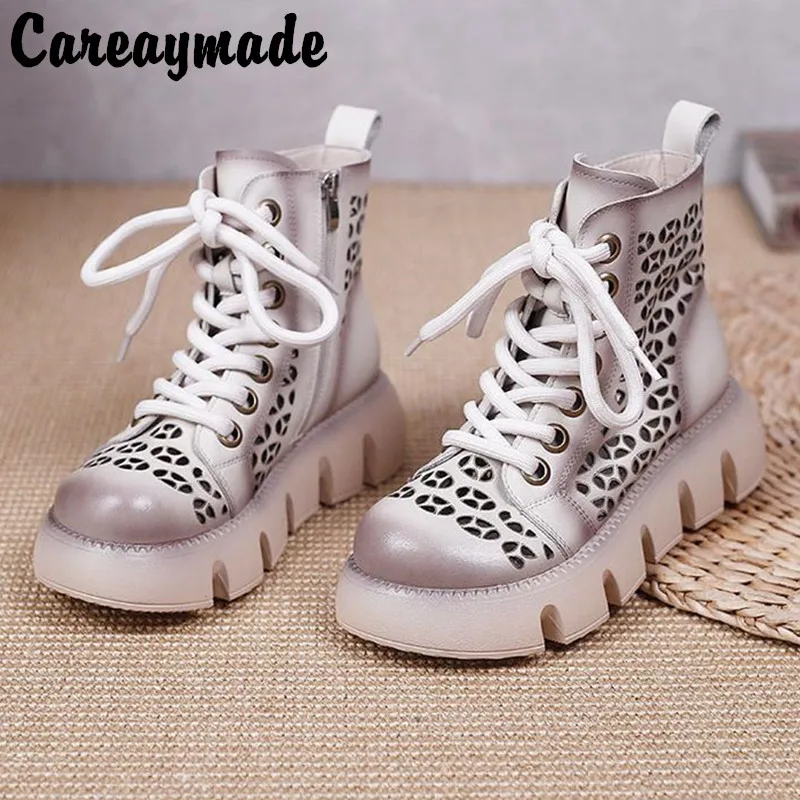 

Careaymade-Genuine Leather Martin boots women's thick bottom hollowed out high boots Ladies boots retro leisure ins cool boots