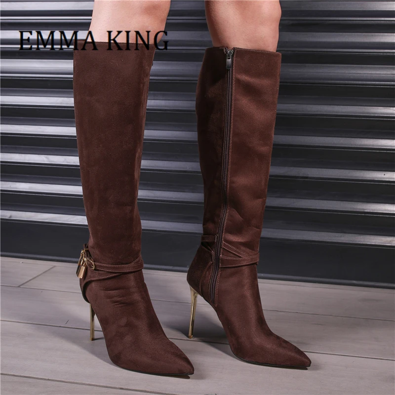 

Women Faux Suede Knee High Boots Sexy Pointed Toe Metal Stiletto Heels Boots Padlock Embellished Botas Buckled Ankle Strap Shoes