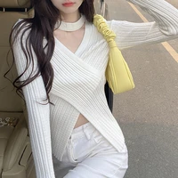 2022cross v neck halter knitted sweater womens spring and autumn style sweater design niche split top irregular bottoming shirt