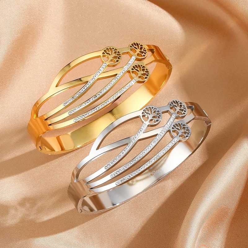 

GoodStainless Steel Bangle Tree Of Life With Crystal Wristband