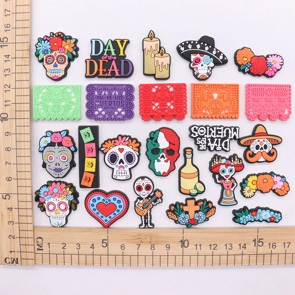 

1-24Pcs Mexican Day of the Dead Skeleton Candle Sandals Croc Jibz Charm Accessories Boys Girls Shoe Buckle Holiday Gift