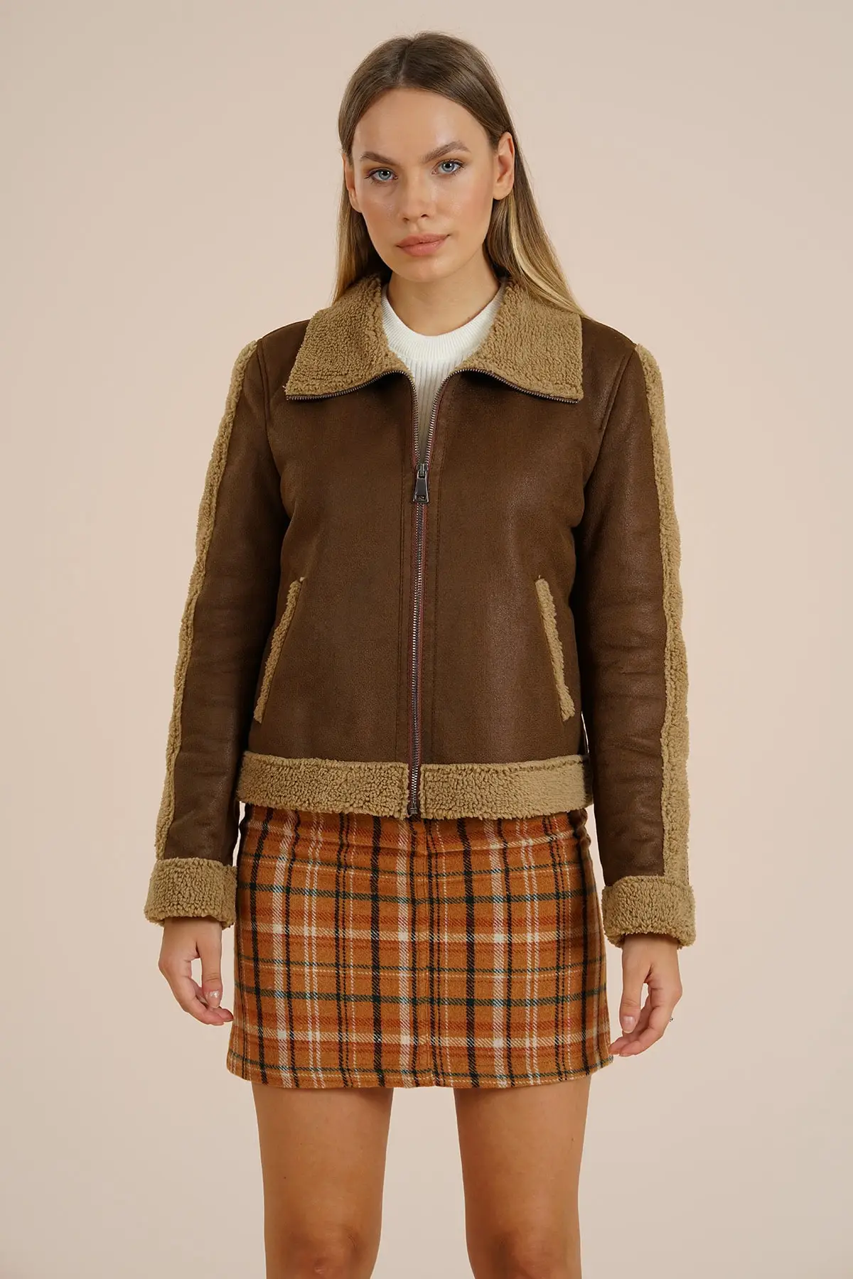 Women Jacket Brown Faux Fur Suede Long Sleeve Pocket Collar Thick Stylish Elegant 2021 Winter Autumn Fashion Outerwear Coats