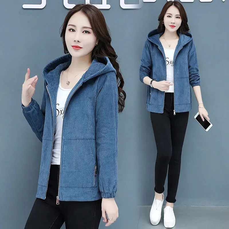 

New Middle-aged Women Corduroy Jackets Spring Autumn Loose Casual Outerwear Female Hooded Parka Overcoats Ladies Trench Coat 5XL