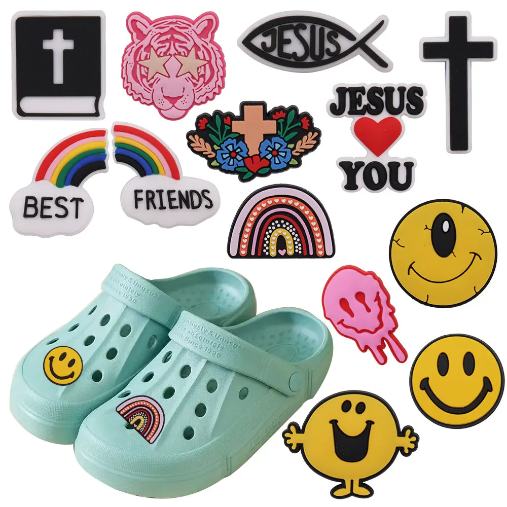 

New Arrival 1-13pcs Shoe Charms Rainbow Pink Yellow Smiling Face Accessories PVC Shoe Decoration For Wristbands Croc Jibz Gift