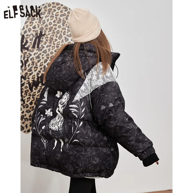 ELFSACK Spliced Black Down Coats Women 2022 Winter New Thick Coats