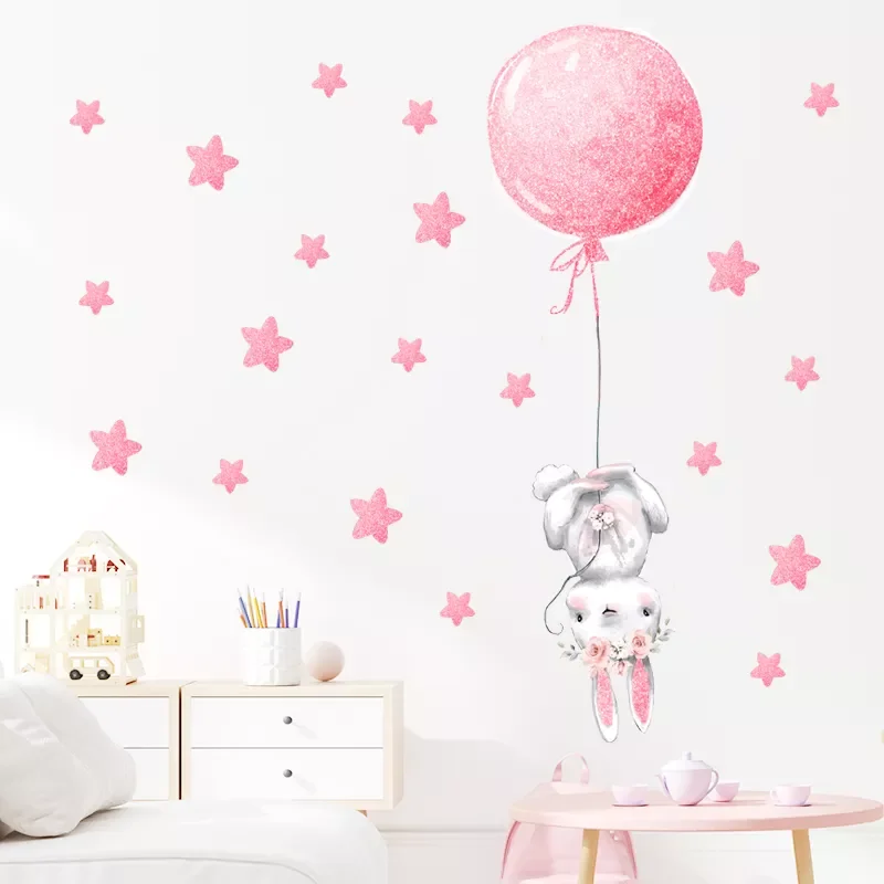 

Gold Pink Girl Bunny with Hot Air balloon Wall Stickers for Kids Room Baby Nursery Room Decorative Stickers for Girl Decals