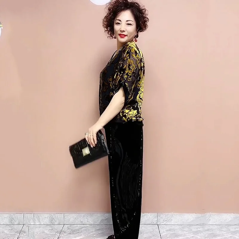 Элегантный костюм из двух частей для женщин Свободный с принтом V-образный вырез