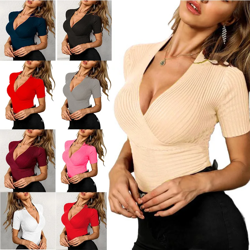 

V-Neck Sexy Slim Knit Top Solid Color Short Sleeve T-Shirt Outdoor Comfort Top Women's