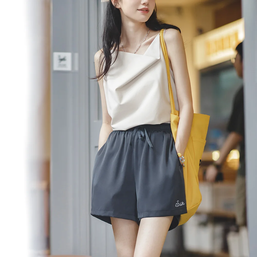 Maden Women's American Casual Sports Embroidery Shorts Summer Versatile Slim Silk High Waist Sports Wide Leg Pants