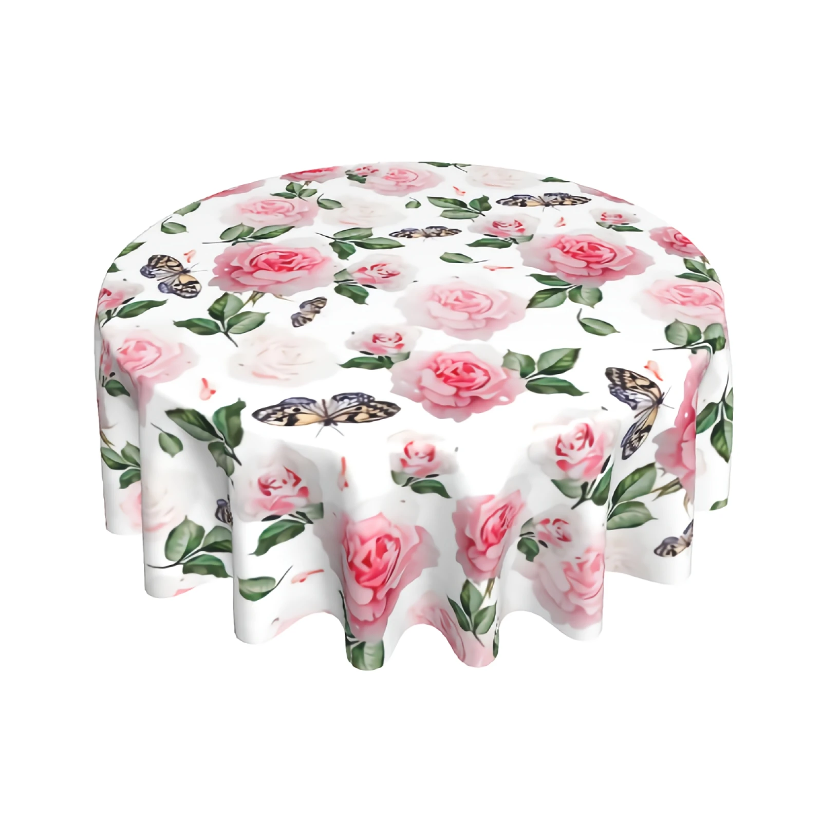 

Pink Rose Floral Butterfly Tablecloth Round 60 Inch with Dust-Proof Wrinkle Resistant Waterproof Decorative Table Cover