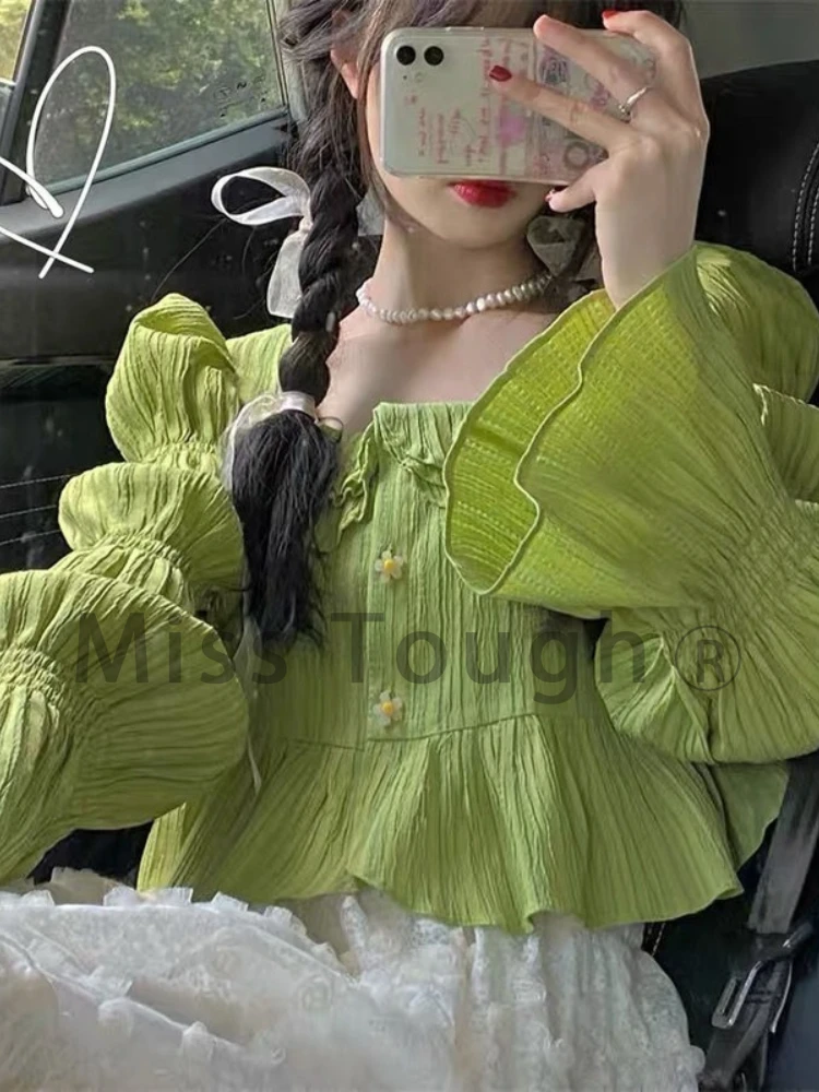 

Green Japanese Kawaii Sweet Blouse Female Lolita Cute Korean Style Blouse Women Flare Sleeve Elegant Vintage Blouse Summer 2022