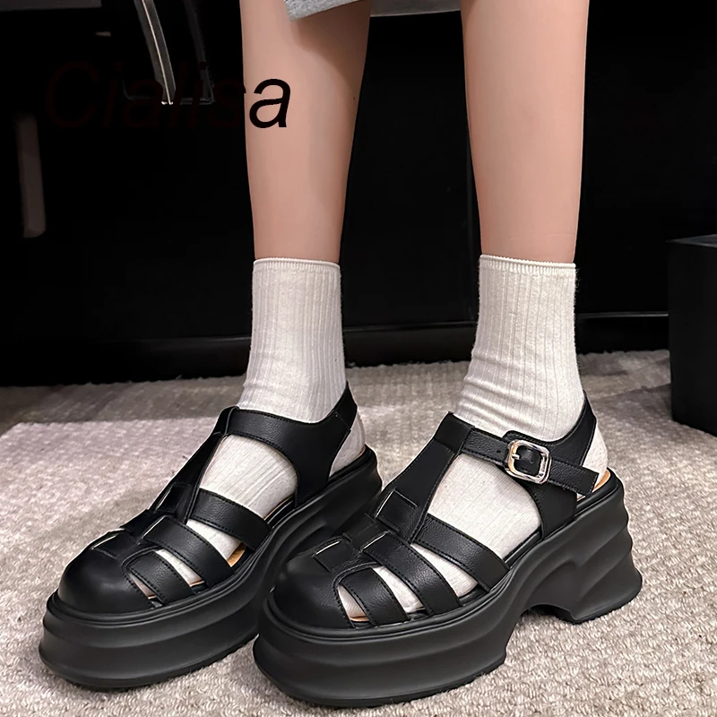 

Cialisa High Quality Platform Sandals Black Genuine Leather Women Shoes Summer Handmade Thick High Heel Ladies Rome Style Sandal