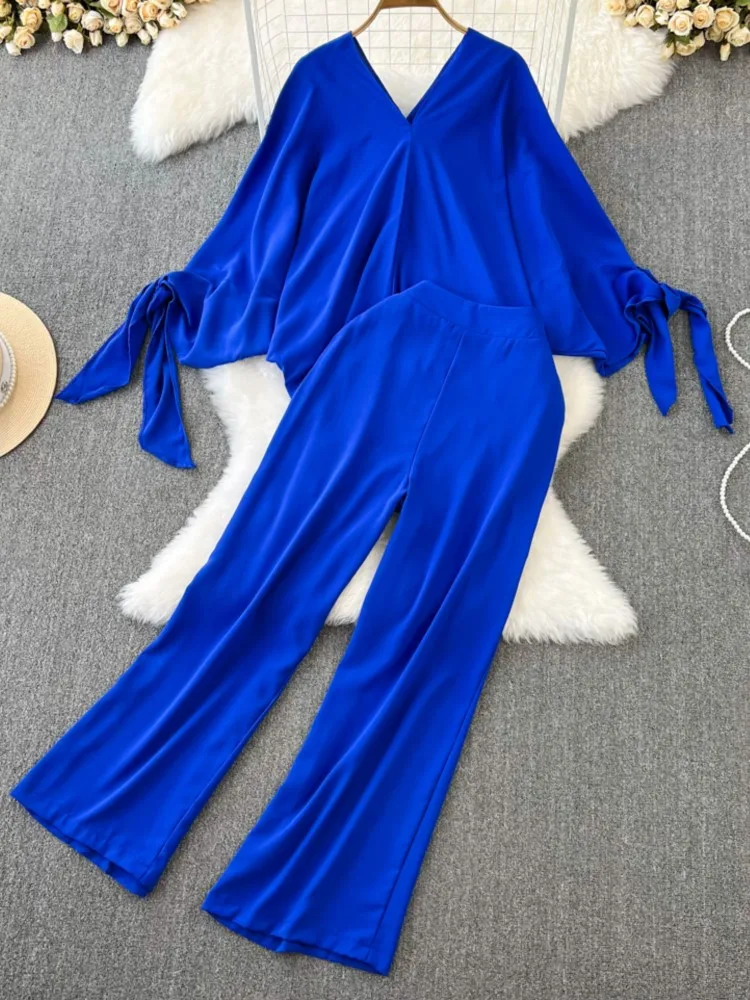 

Women Fashion Elegant Casual 2 Piece Loose Shirts Tops Wide Leg Pant Suit Female Vintage Solid Trousers Set Chic Outfits New