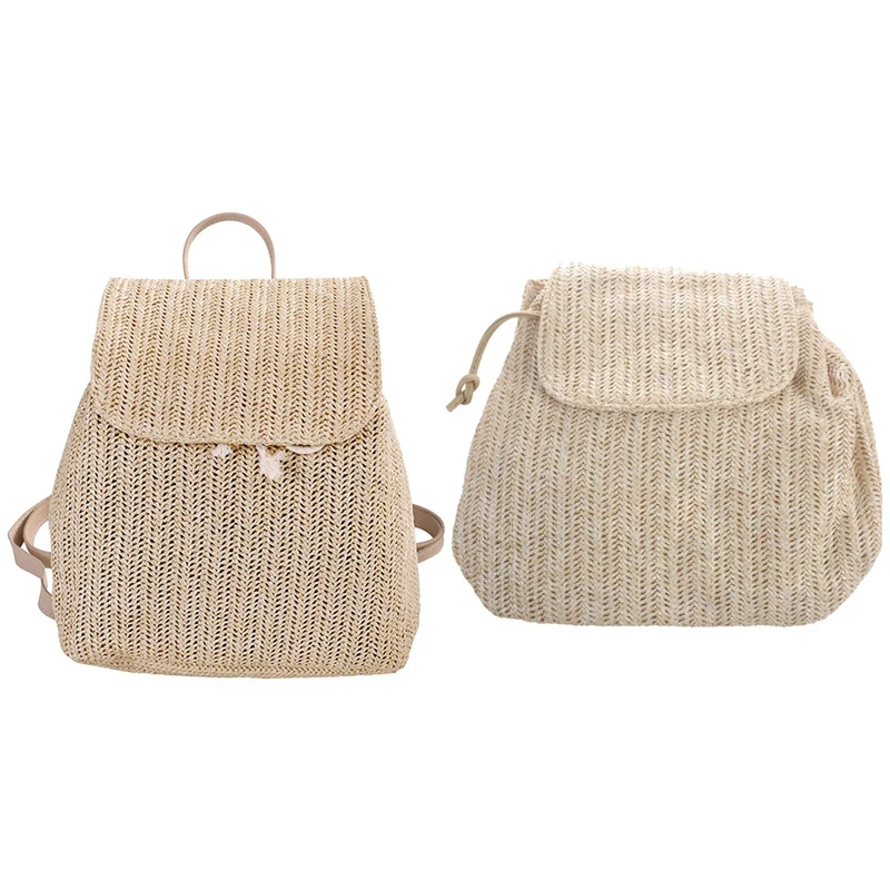 

2X Straw Woven Backpack Ladies Shoulder Bag Summer Girl Backpack Female Travel Bag Books Backpack Light Brown & Beige