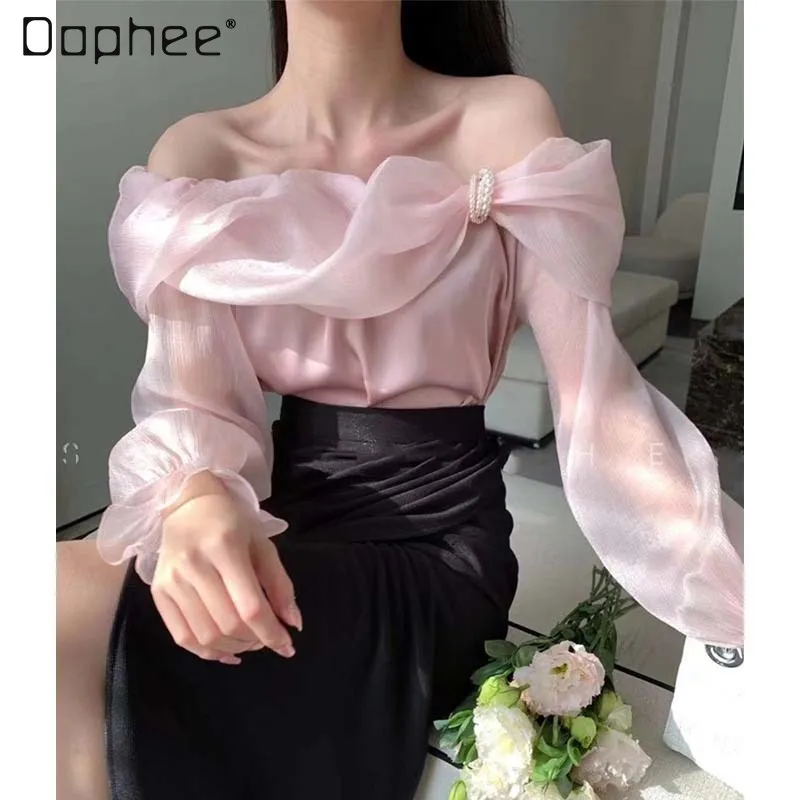 

Loose Off Shoulder Long Sleeve Shirt for Women Early Spring 2022 New Chic Advanced Top Women Pullover Solid Color Shirts Blouses
