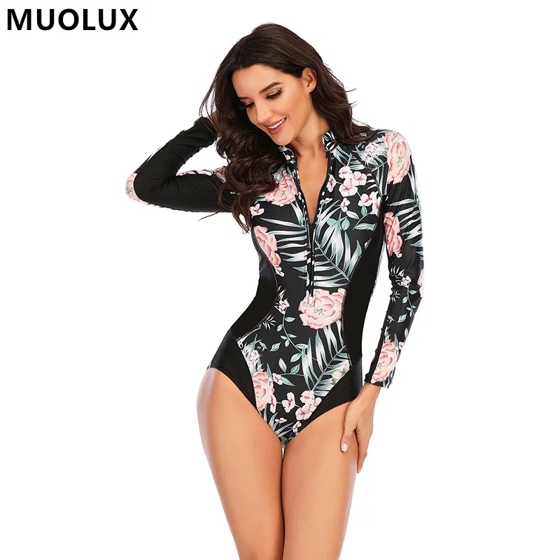 

Surfing Swimsuit 2023 Sporty Women's Swimwear Long Sleeves Rash Guard Uv Protection Beachwear Florial Print Female Bodysuit