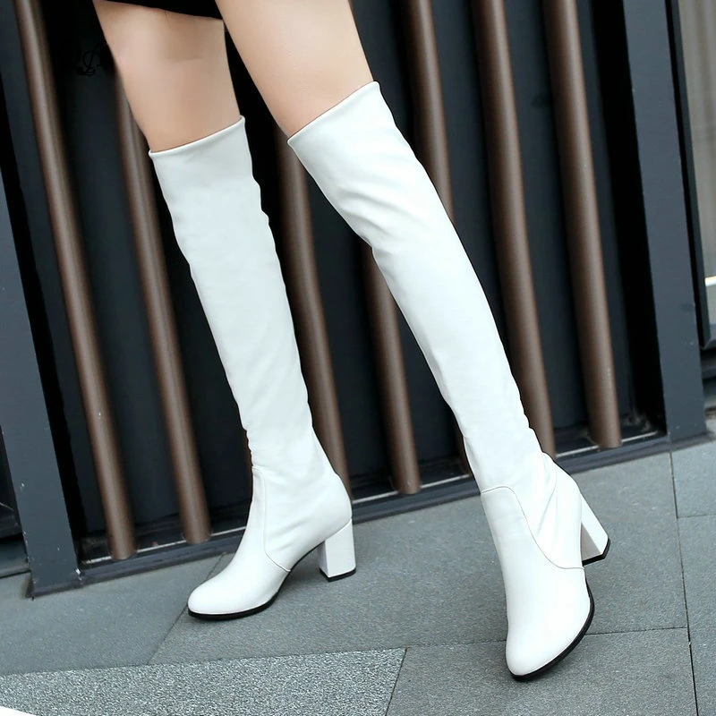 

2022 Fashion Knee High Boots Women's Winter Boots Thick High Heel Stretc Long Boots Slip On Autumn Shoes Woman Black White