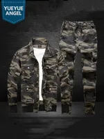Military Camouflage Denim Jacket Jeans Two Piece Set Men Army Spring Autumn Work Clothing Personality Matching Set Outfit Male