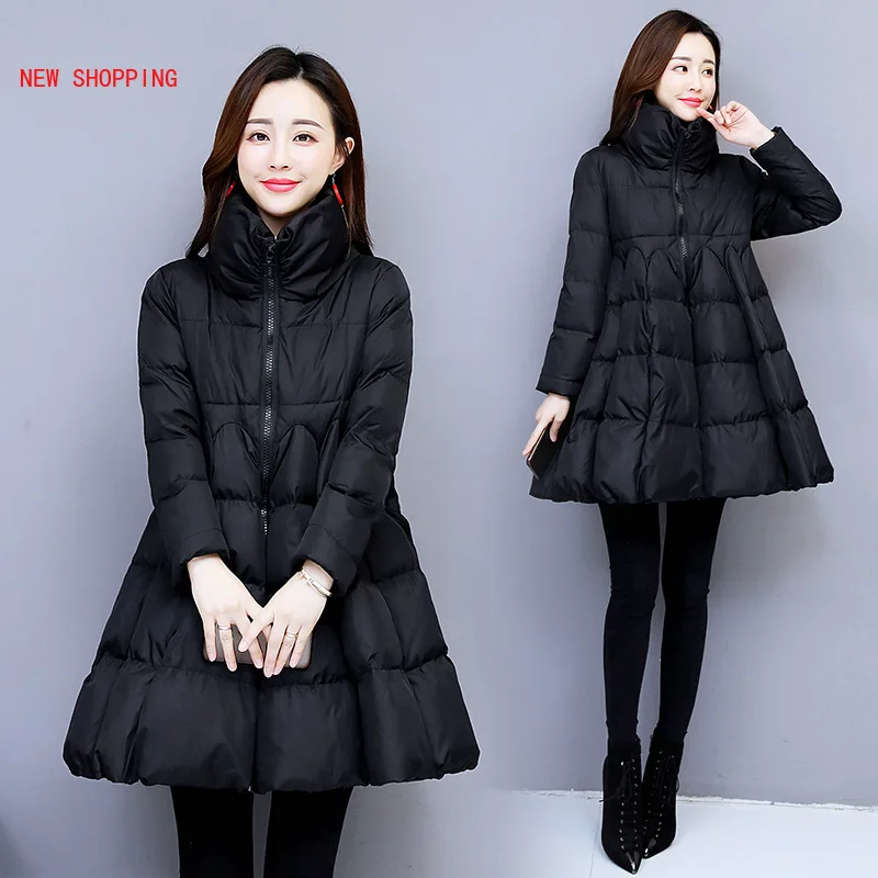 2022 New Winter Women Solid A-Line Coats Warm Thick Cotton Padded Jackets Female Stand Elastic Waist Mid-Long Cloak Parkas A248