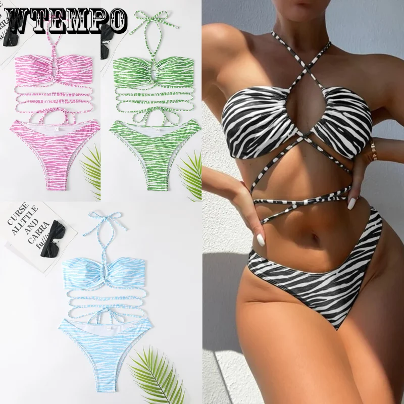 

Women's Bikini Set Split Sexy Swimsuit Striped Sensual Swimwear Wire Free купальник женский High Waist New European and American