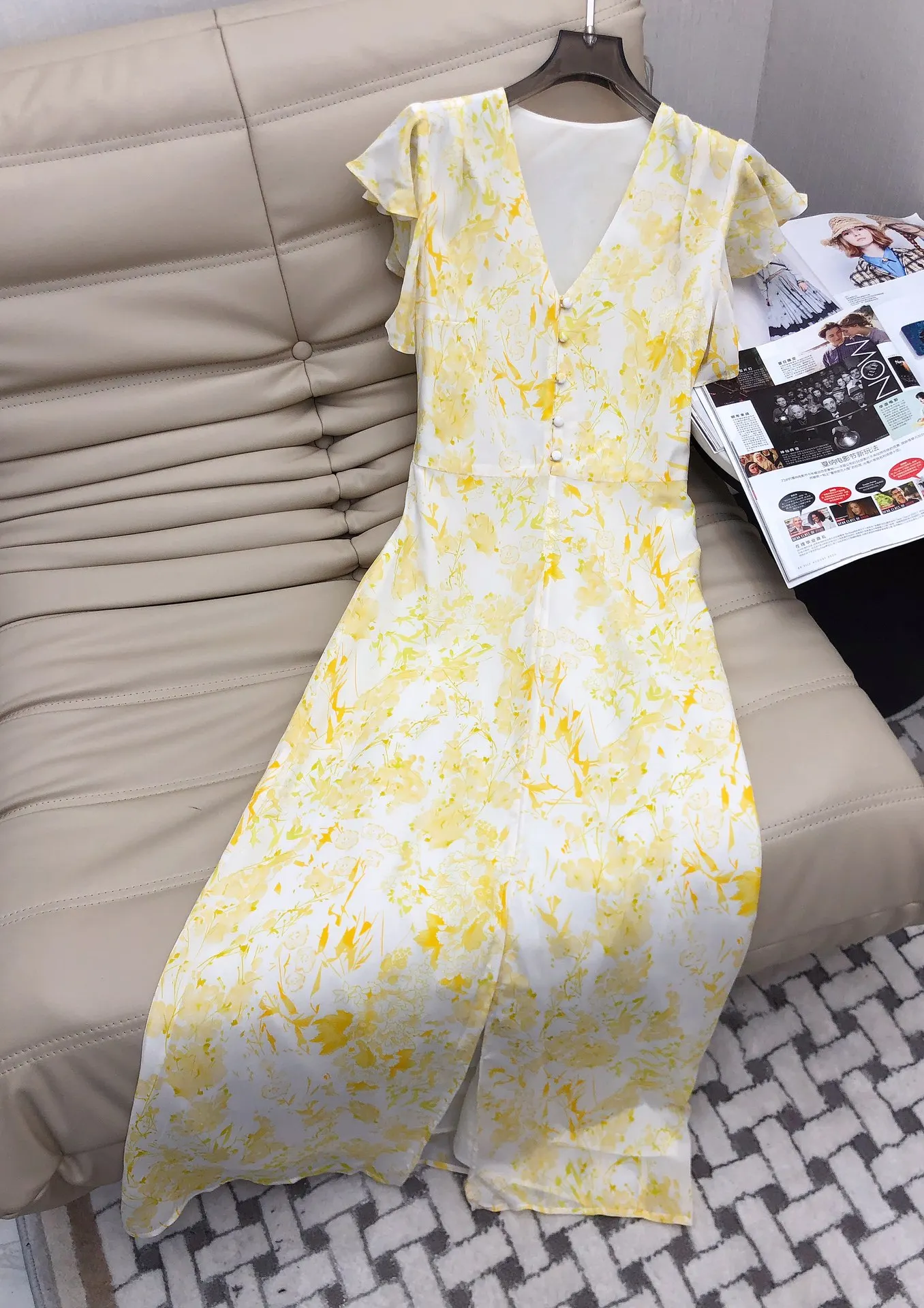 2023 Summer yellow floral printed ruffles sleeve Maxi Silk Dress V-neck high quality elegant belt split slim dresses